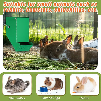 Maxcheck 2 Pcs Rabbit Feeder for Cages Small Animal Food Dispenser with Lid Metal Chicken Grit Oyster Shell Feeders Outside(3.2 Inches,Mesh Bottom,Green)