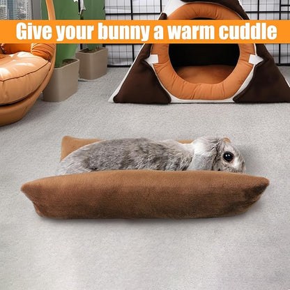 MEWTOGO 15.7 x 14In Rabbit Bed, Thickened Soft Bunny Bed, Cuddle Cushion Plush Mat with Cotton Lounger Pillows, Small Pet Flop Mat for Cage Sleeping Indoor Bunny Gifts, Brown