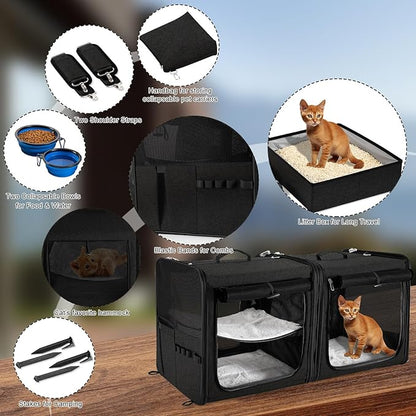 Suertree Cat Carrier for 2 Cats, Pet Travel Carrier with Litter Box for Cats and Small Dogs Up to 45 Lbs, Bowls, and Locking Zippers, Black