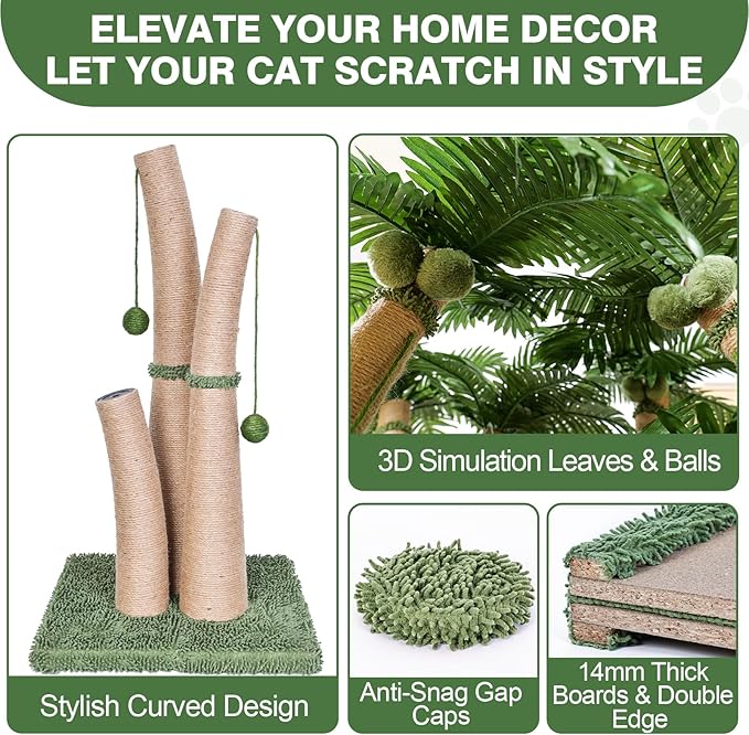 40'' Tall Cat Scratching Post Cat Tree, 3 Curved Design Palm Tree Cat Scratching Post with 8 Interactive Balls, Natural Sisal Rope Cat Scratchers for Indoor Cats, Multi-Combinable (Style D)