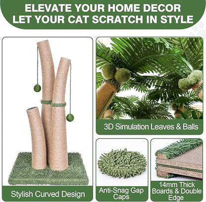40'' Tall Cat Scratching Post Cat Tree, 3 Curved Design Palm Tree Cat Scratching Post with 8 Interactive Balls, Natural Sisal Rope Cat Scratchers for Indoor Cats, Multi-Combinable (Style D)