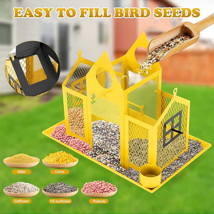 Solar Bird Feeders House for Outside Hanging, Metal Wild Bird Feeder for Outdoors Large Capacity Cardinal Birdfeeder Birdhouses Metal Bird Feeding Station Yellow