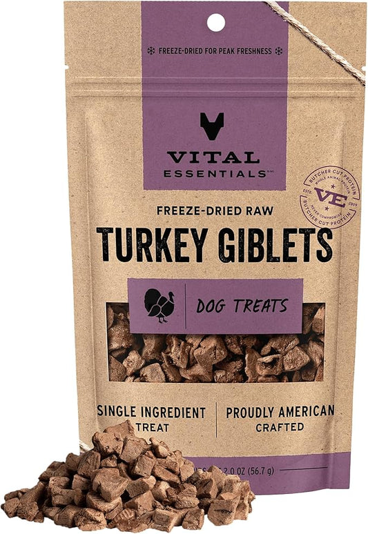 Vital Essentials Turkey Giblets Dog Treats, 2 oz | Freeze-Dried Raw | Single Ingredient | Premium Quality High Protein Training Treats | Grain Free, Gluten Free, Filler Free