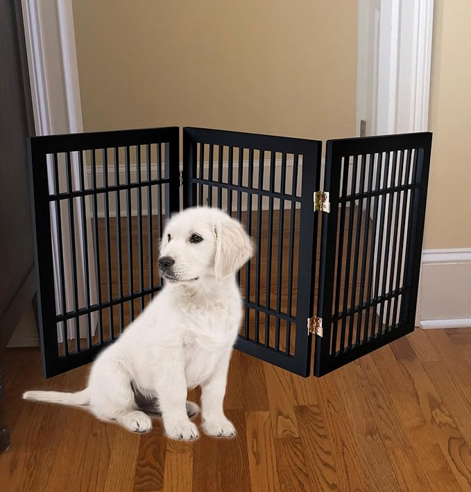 Pet Dog Gate Strong and Durable Freestanding Folding Acacia Hardwood Portable Wooden Fence Indoors or Outdoors by Urnporium (Black Pet Gate, 3 Panel 24" Tall)
