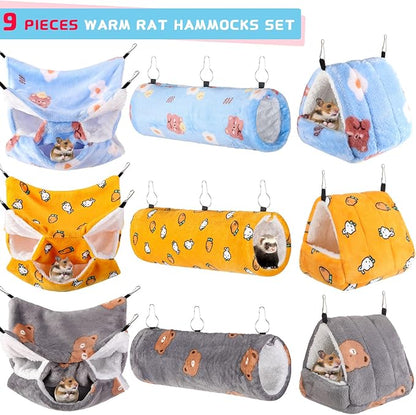 Abbylike 9 Pieces Rat Hammock 3 Tier Guinea Pig Ferret Hammocks Small Pet Hanging Tunnel Glider Toy Guinea Pig Ferret Hideout Bed Cage Accessories for Hamster(Yellow, Grey, Blue,Bear)