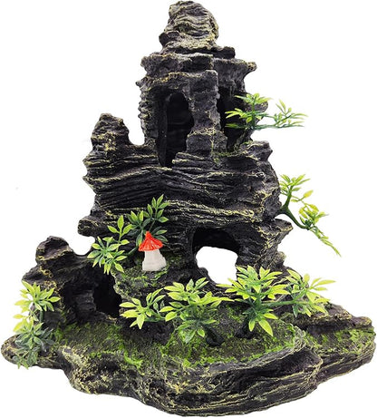 Aquarium Ornament - Mountain View Stone Tree Rock Cave Fish Tank Decorations with Small Pavilion