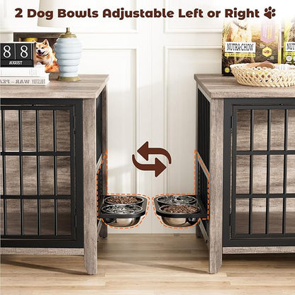 Lulive 37.8" Dog Crate Furniture, Large Wooden Dog Kennel Indoor with 360°& Adjustable Raised Dog Bowls, Double Doors Furniture Decorative Side End Table Dog Cage for Medium Dogs, Grey