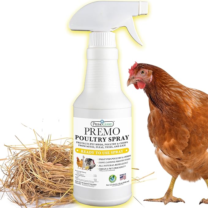 Premo Guard Poultry Spray - 32 oz - Kill Scaly Leg, Mites, Fleas, Lice, & Other Pest on Chickens and in Coops - Natural Plant Based Oils for Control, & Prevention - Family Safe with No Egg Withdrawl