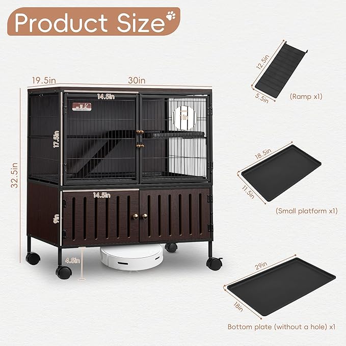 HABUTWAY 36.5''H Metal Large Ferret Cage, Rolling Chinchilla Cage with Removable Ramps& Double Door, Critter Nation Cage with Locker, Indoor Wooden Pet Crate Furniture