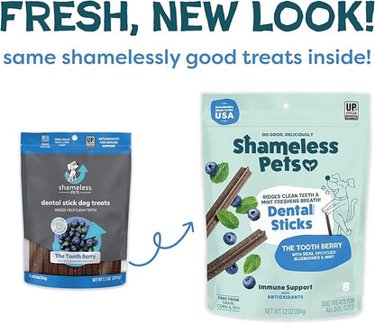 Shameless Pets Dental Treats for Dogs, The Tooth Berry - Healthy Dental Sticks with Immune Support for Teeth Cleaning & Fresh Breath - Free from Grain, Corn & Soy
