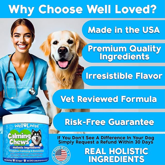 Calming Chews for Dogs - Dog Calm Treats, Made in USA, Vet Developed, Behavior Support, Stress, Separation, Fireworks, Travel, Melatonin, Natural & Holistic, 90 Count
