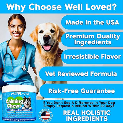 Calming Chews for Dogs - Dog Calm Treats, Made in USA, Vet Developed, Behavior Support, Stress, Separation, Fireworks, Travel, Melatonin, Natural & Holistic, 90 Count