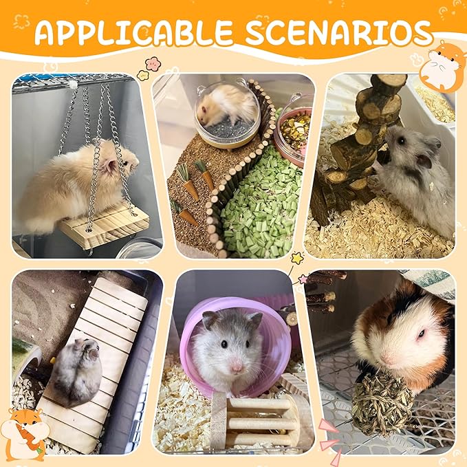 40 PCS Hamster Toys Set Guinea Pig Toys, Hamster Cage Accessories with Tunnel, Bridge, Natural Timothy Hay, Apple Wood and Bamboo for Boredom Relief & Teeth Care for Chinchillas, Gerbils, Rats