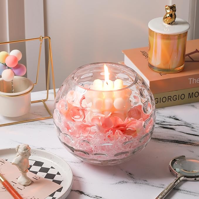 7.5" Dia Handmade Sturdy Dimpled Bubble Glass Vases, Bubble Planter Terrarium, Bud Vase, Fish Bowl Hurricane, Globe Flower Vase, Hurricane Candle Holder (7.5"x6.3", Bowl)