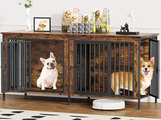 EasyCom Dog Crate Furniture for 1 or 2 Dogs, Heavy Duty Single/Double Dog Crates for Small/Medium/Large Dogs, Dog Kennel Furniture Indoor as TV Stand, Medium Size 63" L(20-35 Pounds), Brown