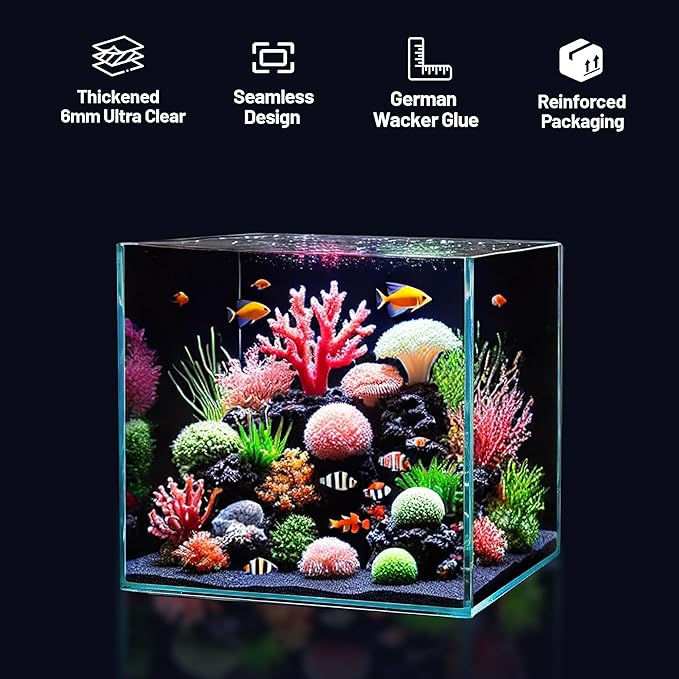 Ultra Clear Glass Fish Tank 6.5 Gallon, 6mm Thickened Rimless Aquarium Tank Low Iron, Cube Aquarium 11.8in x 11.8in x11.8in