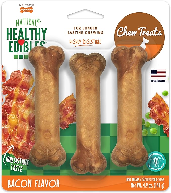 Nylabone Healthy Edibles Natural Dog Chews Long Lasting Bacon Flavor Treats for Dogs, Small/Regular (3 Count)