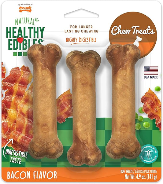 Nylabone Healthy Edibles Natural Dog Chews Long Lasting Bacon Flavor Treats for Dogs, Small/Regular (3 Count)