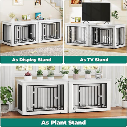 YITAHOME 76 Inch Double Dog Crate Furniture, XXL Dog Crate Furniture for 2 Dogs, Side End Table, Waterproof Top, Safety Corners, 2-in-1 Iron-Wood Fusion Dog Kennel Furniture for 2 Large Dogs,White