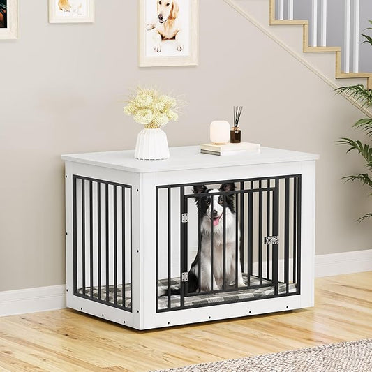 YITAHOME 38.2" L Dog Crate Furniture for Large Dogs, 2-in-1 Iron-Wood Fusion Dog cage Indoor up to 60 lb, Side End Table, Modern Dogs Kennel with Waterproof Top, Safety Corners,Steel Lock,White