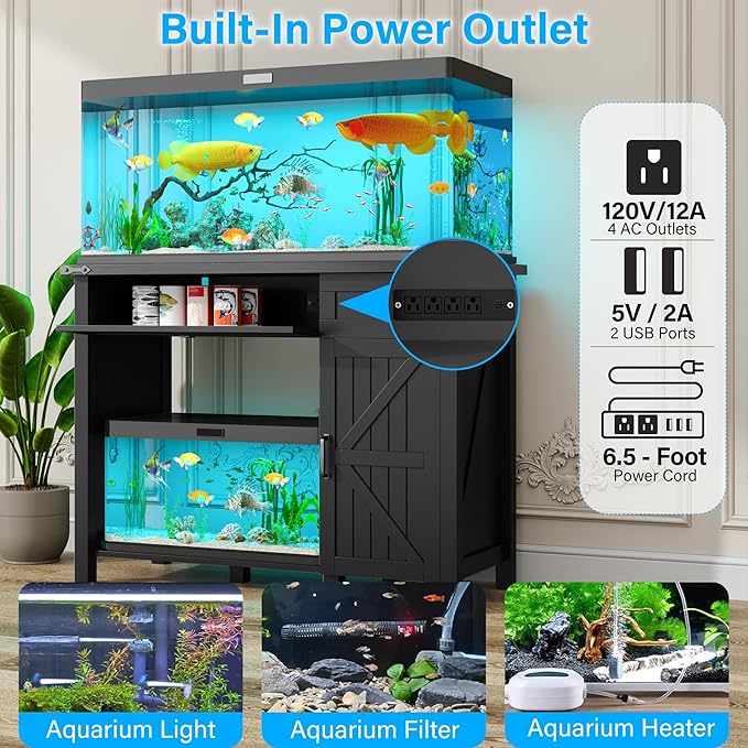 40 Gallon Fish Tank Stand with Power Outlets, Farmhouse Decorative Aquarium Stand Furniture with Adjustable Shelves and Drawer, Reptile Turtle Tank Stand with Cabinet Storage (Black, 30-40GL)