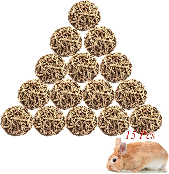 15PCS Rabbit Grass Balls 2.8in Large Guinea Pig Balls Small Animal Activity Enrichment Toy for Bunny Chinchilla Hamster Gerbil Grinding Playing