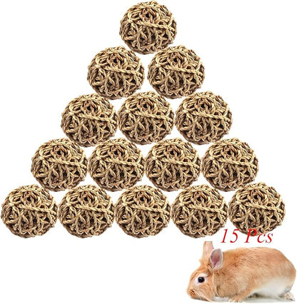 15PCS Rabbit Grass Balls 2.8in Large Guinea Pig Balls Small Animal Activity Enrichment Toy for Bunny Chinchilla Hamster Gerbil Grinding Playing