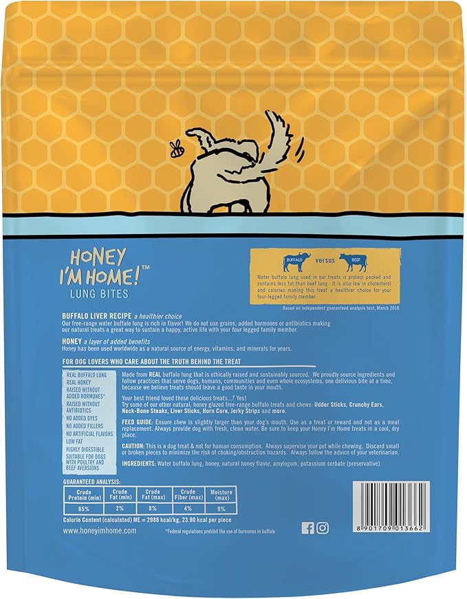 Honey I'm Home, Lung Bites Buffalo Dog Treats, 3.1 Ounces - All Natural, Free Range, Healthy, Grain Free, Honey Coated & Crispy