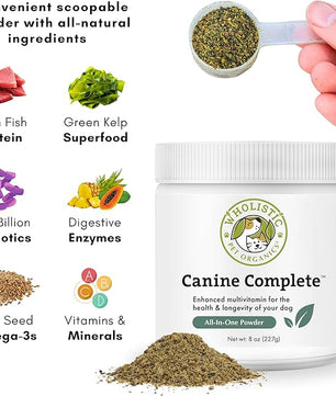 Wholistic Pet Organics Canine Complete - Dog Multivitamin Powder - 8 Oz - Daily Dog Vitamins and Supplements for Homemade Food - Immune System, Skin, Coat & Overall Health - Small and Large Breed