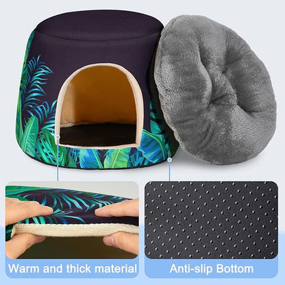 Glittme Guinea Pig Hideout,2 in 1 Guinea Pig Bed with Removable Pad, Washable Bunny Bed,Rabbit,Leaves