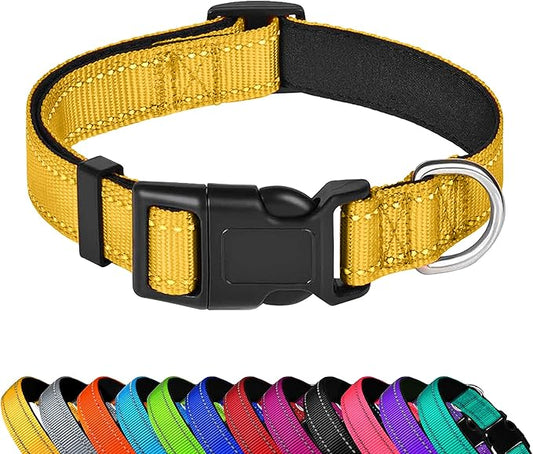 Reflective Dog Collar, Adjustable Soft Neoprene Padded Nylon Pet Collars with Buckle for Small Dogs, Yellow,S