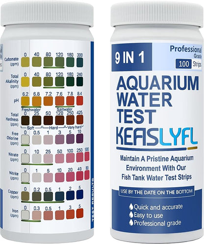 Aquarium Test Strips,100 Strips 9 in1 Saltwater and Freshwater Aquarium Test Kit for Aquarium,Pond and Fish tank,Testing Carbonate,Alkalinity,pH,Hardness,Free Chlorine,Nitrate,Nitrite,copper and Iron.