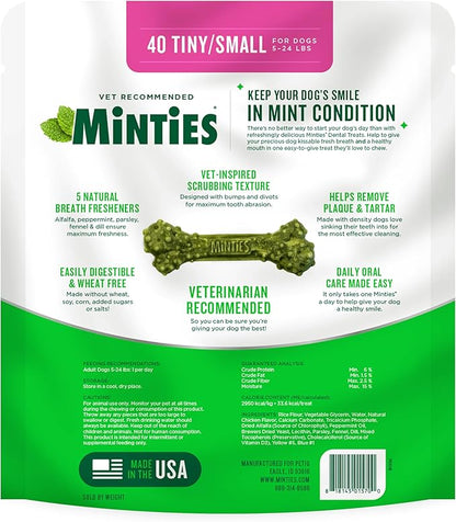 Minties Dental Chews for Dogs, 40 Count, Vet-Recommended Mint-Flavored Treats for Tiny/Small Dogs 5-24 lbs, Dental Bones Clean Teeth, Fight Bad Breath, and Removes Plaque and Tartar