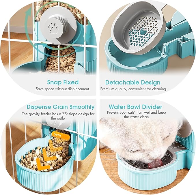 Hanging Cage Automatic Food Water Dispenser, Auto Gravity 1.2L Self-Feeding Feeder and 0.52L Waterer Set, Crate Auto Feeder Dish for Puppy Cats Ferret Bunny Guinea Pig Small Pets (Blue)