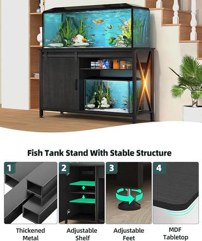 Aquarium Stand for Fish Tank: 55-75 Gallon Fish Tank Stand with Sliding Door - Heavy Duty Metal Aquarium Table with Power Outlet - 2-Tier Breeder Turtle Reptile Terrarium Stand for Home & Office
