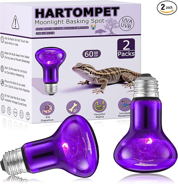 60W Reptile Night Light Bulb – Simulated Moonlight UVA Heat Lamp, Purple Basking Light for Bearded Dragons, Lizards, Snakes, Chameleons, Amphibians - 2-Pack (3.2" Diameter)