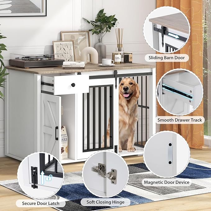 Verano Garden 44" Dog Crate, 2-in-1 Furniture-Style Dog Crate with Storage Drawer & Cabinet, Heavy Duty Dog Kennel Dog Cage Indoor for Small Medium Dogs, White (44" Left Facing Door)