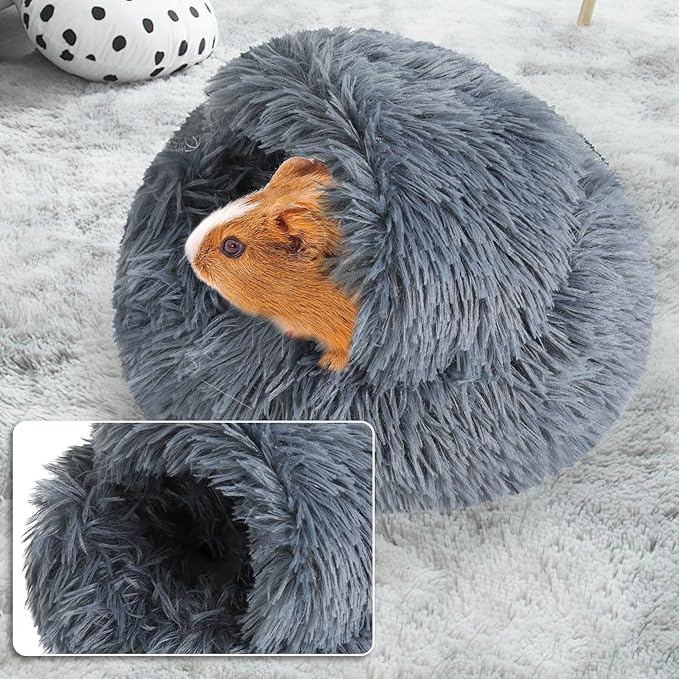 Soothing Guinea Pig Hideout, Doughnut Guinea Pig Bed with Hooded Cover, Washable Hamster Rabbit Bunny Bed, Washable Round Cave Beds for Small Animal Bunny Rabbit Hideout (Black)
