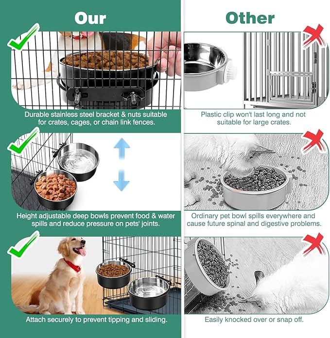 Dog Crate Water Bowl No Spill, 2 Pack Dog Crate Bowls Hanging, Kennel Water Food Bowls Mountable, Pet Cage Accessories Feeder Dish, Large Stainless Steel Coop Cup for Cat Puppy Bunny Guinea Pig Ferret