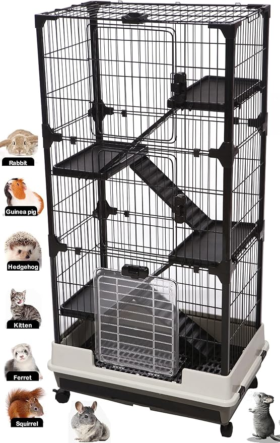 Large 5-Level In/Outdoor Small Animal Pet Cage for Guinea Pig Ferret Squirrel Chinchilla Cat Playpen Rabbit Hutch with Solid Platform Ramp Leakproof Litter Easy Clean 2-Inch Deep Tray Lockable Casters