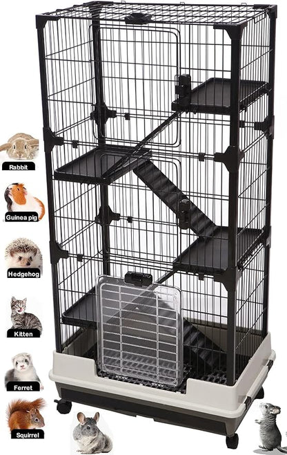 Large 5-Level In/Outdoor Small Animal Pet Cage for Guinea Pig Ferret Squirrel Chinchilla Cat Playpen Rabbit Hutch with Solid Platform Ramp Leakproof Litter Easy Clean 2-Inch Deep Tray Lockable Casters