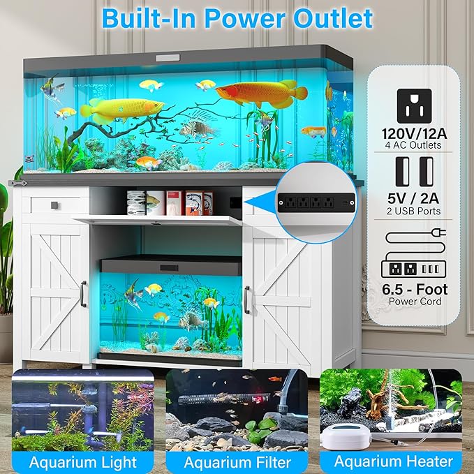 Farmhouse 55-75 Gallon Fish Tank Stand with Power Outlet, Aquarium Stand with 2 Drawers and Adjustable Shelves, Heavy Duty Reptile Tank Stand for 2 Fish Tank/Turtle Tank/Reptile Terrarium