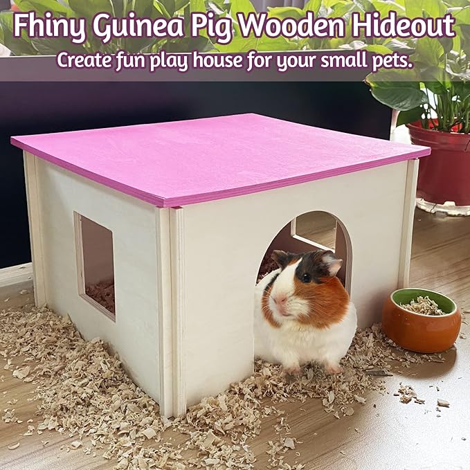 Fhiny Guinea Pig Wood House with Windows and Roof, Detachable Chinchilla Hut Hideout Hideaway Natural Hamster Habitat Decor for Hamsters Hedgehogs Squirrels or Other Small Animals (Random Color)