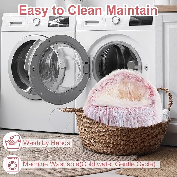 Soothing Guinea Pig Hideout, Doughnut Guinea Pig Bed with Hooded Cover, Washable Hamster Rabbit Bunny Bed, Washable Round Cave Beds for Small Animal Bunny Rabbit Hideout (Pink)