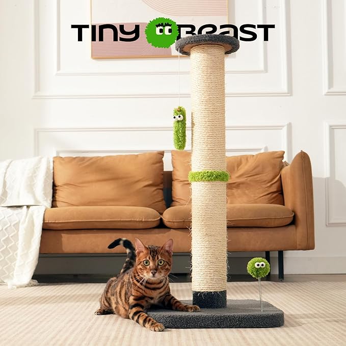 TINYBEAST 34.7" Tall Cat Scratching Post, 3 in 1 Sisal Cat Scratcher, Heavy Duty 4.3" Diameter Cat Tree with Hanging Bell Ball Toy and Reinforced Stable Base for Indoor Adult Cats & Kittens(Grey)