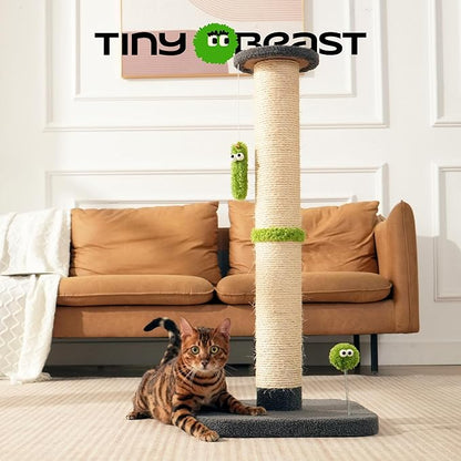 TINYBEAST 34.7" Tall Cat Scratching Post, 3 in 1 Sisal Cat Scratcher, Heavy Duty 4.3" Diameter Cat Tree with Hanging Bell Ball Toy and Reinforced Stable Base for Indoor Adult Cats & Kittens(Grey)