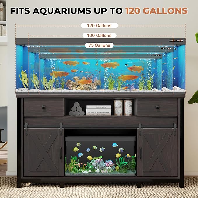 Miereirl 75-120 Gallon Fish Tank Stand with Power Outlet – Heavy Duty Aquarium Stand, Rustic Farmhouse Style, 1000 lb Capacity, Adjustable Storage & Sliding Barn Doors, Dark Brown