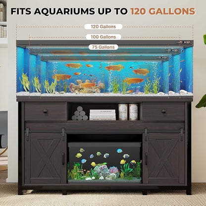 Miereirl 75-120 Gallon Fish Tank Stand with Power Outlet – Heavy Duty Aquarium Stand, Rustic Farmhouse Style, 1000 lb Capacity, Adjustable Storage & Sliding Barn Doors, Dark Brown