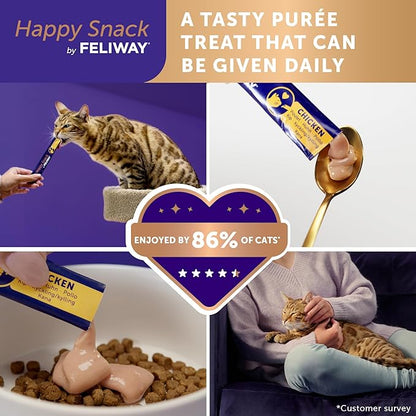 Feliway Happy Snack, Delicious, Lickable, Squeezable Purée Cat Treats for a Daily Calming Routine, Made with Real Chicken, 12 Pack (0.5oz Tubes)