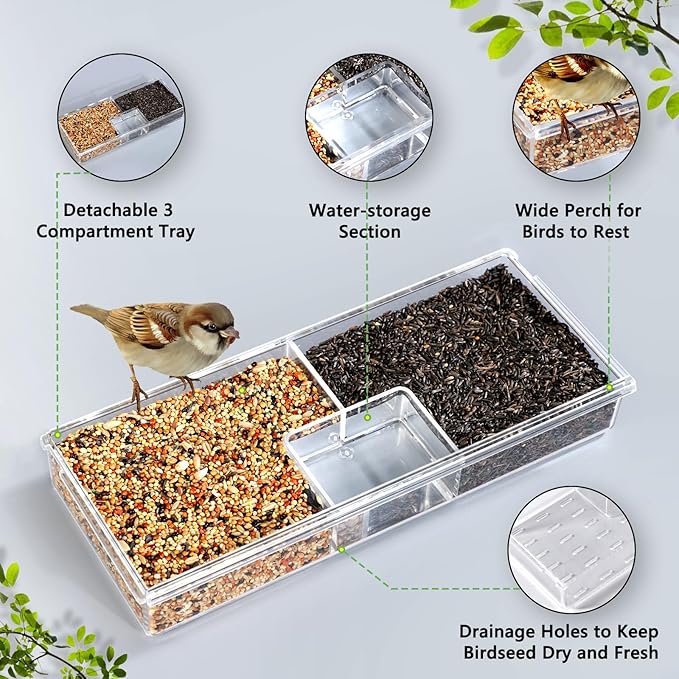 Window Bird Feeder for Outdoors with Strong Suction Cups, Acrylic Clear Window Bird Feeders for Viewing with Large Capacity Detachable Seed & Water Tray